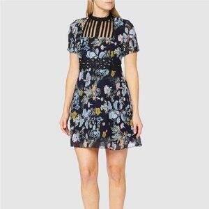 Anthropologie FOXIEDOX Navy Blue Floral Print  Mini Dress